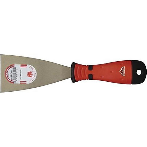 A spatula with a red handle, stamps, Austrian flag and sticker with text.