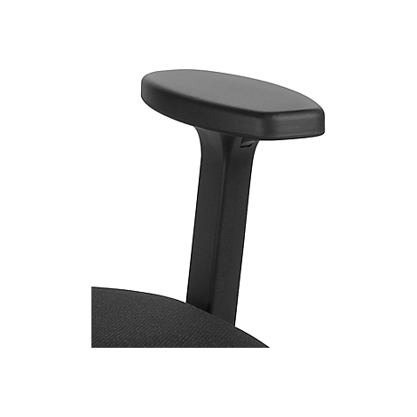 Black armrest of an office chair, close-up. Showing the shape and the connection to the backrest.