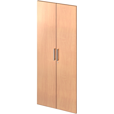 A cabinet with light brown doors. The doors are closed and have silver handles.