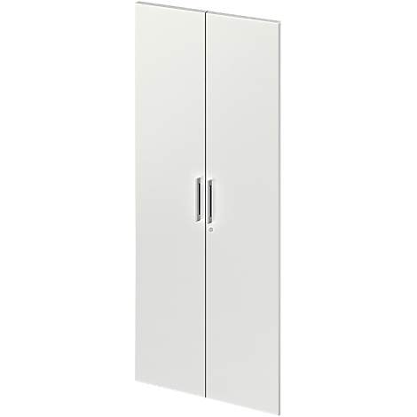 White cabinet doors with vertical, silver handles.