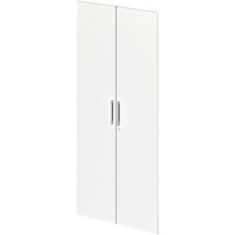White cabinet doors with silver handles. One door is slightly open.