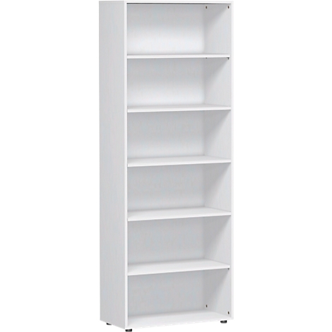 White bookshelf with six compartments, straight in style.