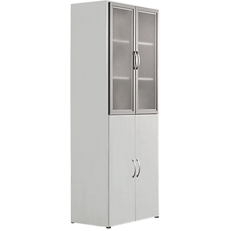 White cabinet with glass doors, silver handles, and metal frame.