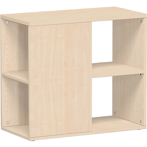 Light brown shelf with three open compartments and a door. The surface is smooth and the edges are rounded.