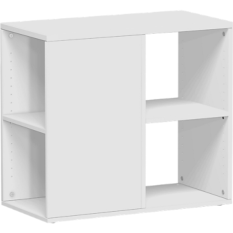 White bookcase consisting of two shelves, one of which is covered by a sliding door.