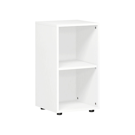 White cabinet with two compartments, black feet.