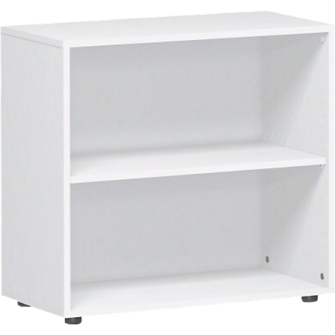A white bookshelf with two compartments, against a white background.