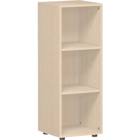 A tall, beige cabinet with three compartments and small black feet.