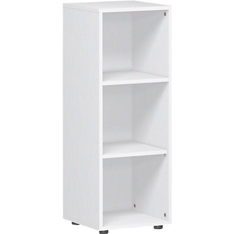 White shelf with three compartments. The edges are cleanly finished, the shelf stands on small black feet.