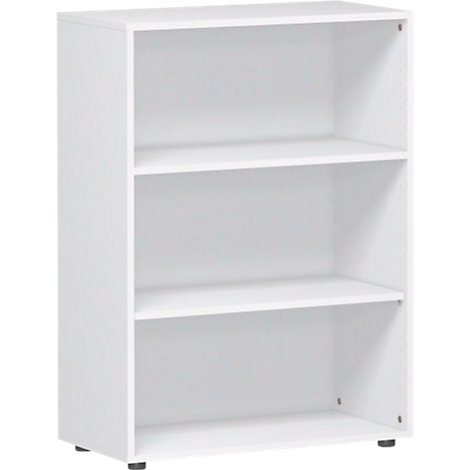White shelf with three compartments. The cabinet stands on small black feet.