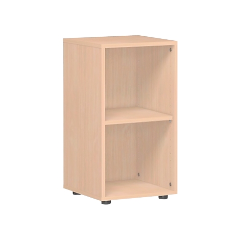 Light wooden cabinet with two compartments. Black feet.