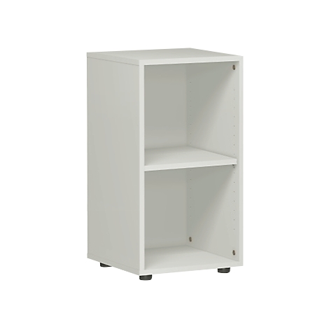 White, rectangular cabinet with two compartments. Black feet.