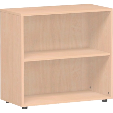 Light brown bookshelf with two compartments, made of wood.