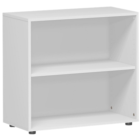 A white shelf with two compartments, standing on small black feet.