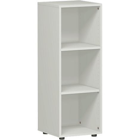 White bookcase with three compartments, simple design. Stands on black feet.