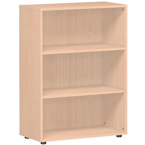 Beige bookcase with three shelves. Stands on small black feet.
