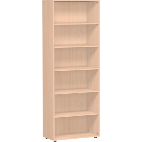 A tall, beige wooden cabinet with six shelves. The cabinet is standing in front of a neutral background.