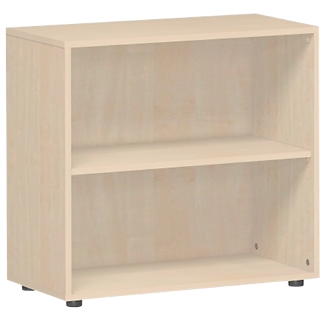 A light brown bookcase with two shelves and a black base.
