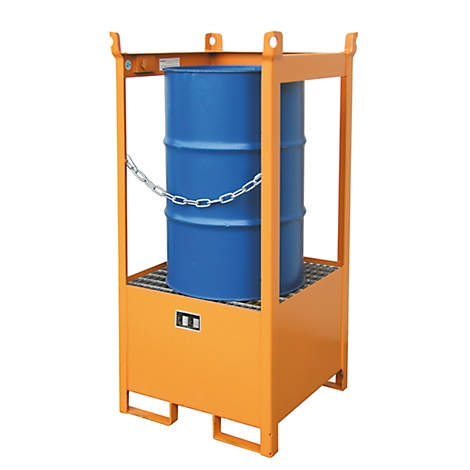 Un barril azul dentro de un marco de acero naranja, asegurado por una cadena.