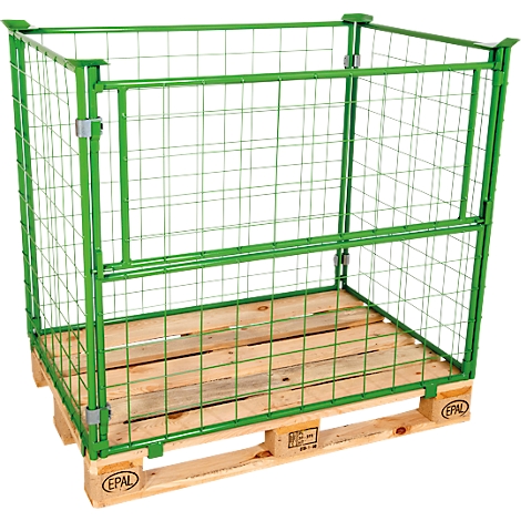 Grüne Gitterbox auf einer Europalette. Die Box hat einen Holz-Boden und Metallgitterwände.