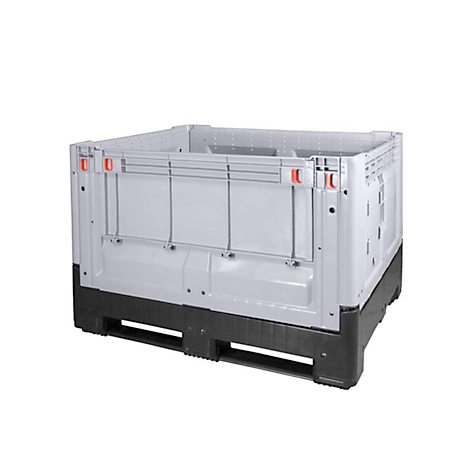 Gray plastic transport box with black pallet, orange elements.