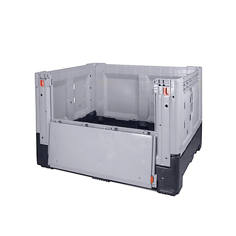 Grey plastic container with black base and open front. Orange accents on hinges.