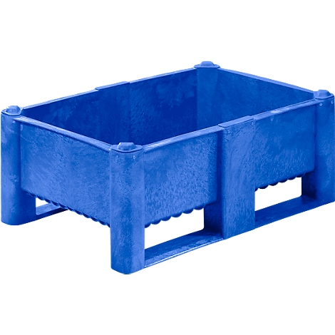 Blue plastic box. Rectangular, on feet, for transport. Open, corners reinforced.