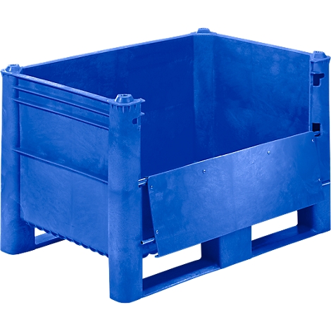 Blue plastic transport box. The box has a pallet base and a sloped access.