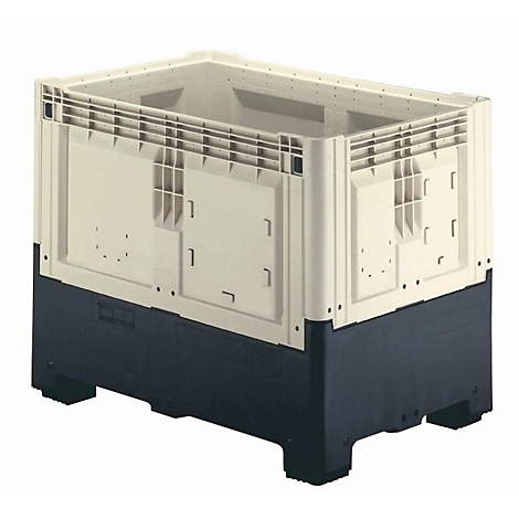 Beige and black plastic box for transport and storage, rectangular shape.