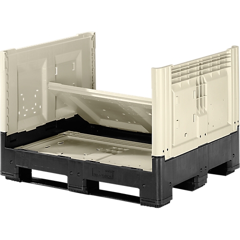 Beige and black pallet box, open, with side walls folded up. Black pallet, beige walls.