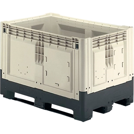 Beige plastic storage container on black pallet. Sides with rectangular cutouts and handles.