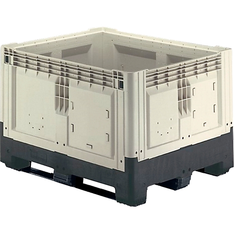 A large, beige plastic box on a black pallet, for transporting goods.