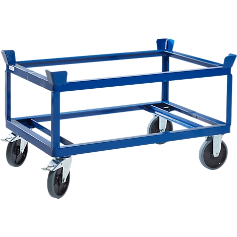 Blue metal cart with wheels for transporting goods or tools.