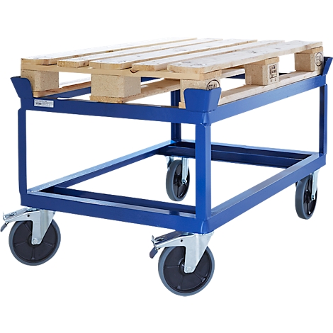 Blue cart with pallet support, loaded with a wooden pallet. The cart has four wheels.