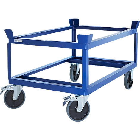 Blue metal transport trolley, with wheels and angular shape. Two wheels with parking brakes.