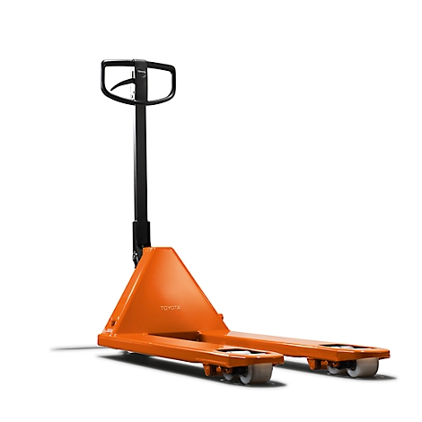 An orange Toyota pallet jack isolated on a white background. The pallet jack has a black tiller and gray rollers.