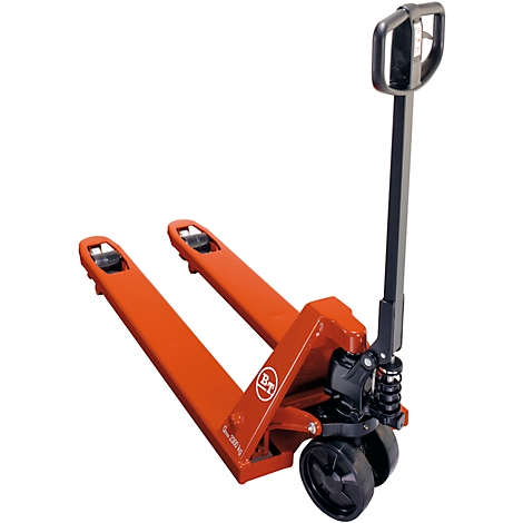Orange pallet truck with black wheels, handle and bar.