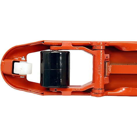 Close-up of orange construction and wheels. A large black wheel on the right and a white wheel on the left. Both are in an orange bracket.