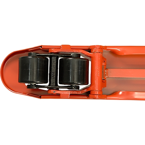 Close-up of a red metal part with two black rollers in the middle. The rollers are mounted in a white frame.