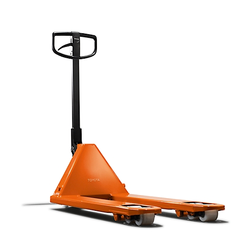 An orange Toyota forklift against a white background. The forklift has a black handle and two forks.