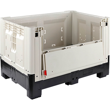 Beige opslagbox, open, met zwarte bodem en rode sluiting.