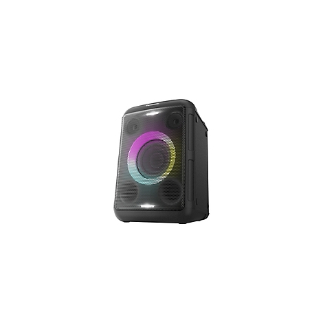 Haut-parleur noir avec un anneau lumineux coloré et un motif de trous.