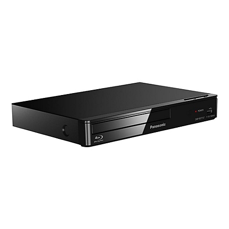Lecteur Blu-ray Panasonic noir. Inscription : Blu-ray Disc. A droite, LED d'alimentation, désignation du modèle et spécifications d'alimentation.