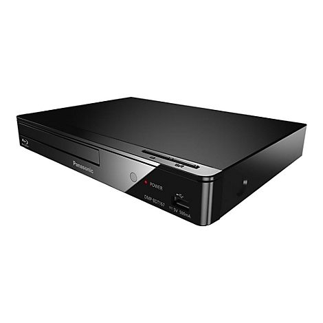 Lecteur Blu-ray Panasonic noir. Face avant : logo, bouton d'alimentation, voyant d'alimentation, nom du modèle et port USB.