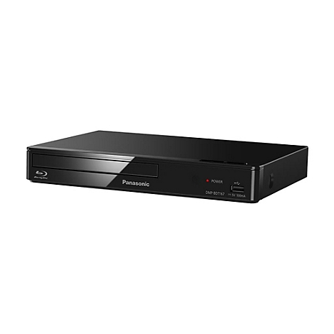 Schwarzer Panasonic Blu-ray-Player vor weißem Hintergrund mit leuchtend roter Power-Leuchte.