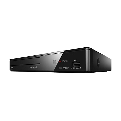 Schwarzer Panasonic Blu-ray Player DMP-BDT167 vor weißem Hintergrund mit USB-Anschluss und Power-Leuchte.