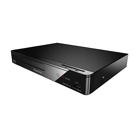 Schwarzer Panasonic Blu-ray-Player von vorne rechts, mit Disc-Fach, Power-LED und USB-Anschluss.