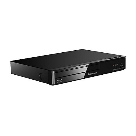Schwarzer Panasonic Blu-ray-Player in flachem Gehäuse vor weißem Hintergrund.