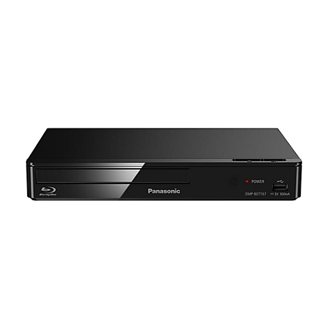 Schwarzer Panasonic Blu-ray-Player von vorne vor weißem Hintergrund.