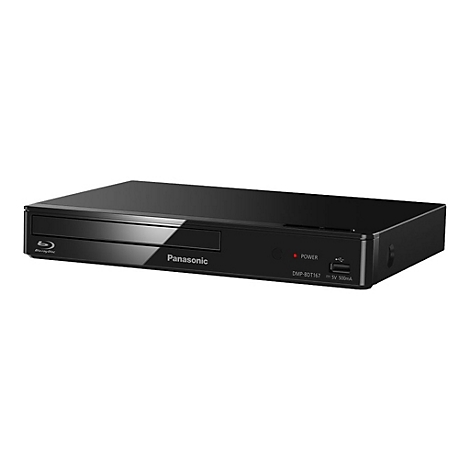 Schwarzer Blu-ray-Player, Marke Panasonic, mit Blu-ray-Disc-Logo und Power-Anzeige.